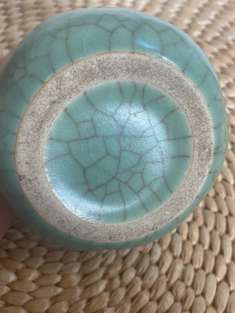 VTG Celadon Crackle Glaze Ginger Jar w Lid Squash Artichoke Chinese Mid Century - Picture 6 of 7